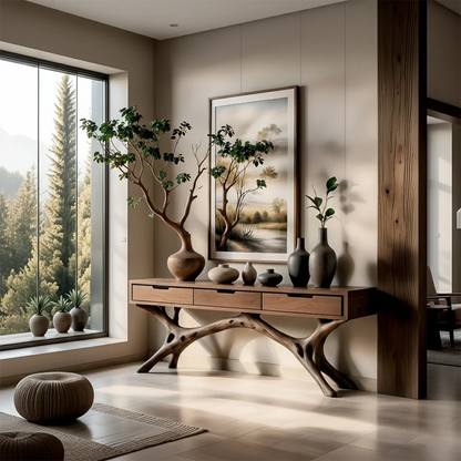 Solid wood console table with branch inspired legs and drawers placed in a contemporary space