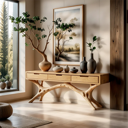 Organic base console table in solid wood styled with décor in a bright contemporary setting