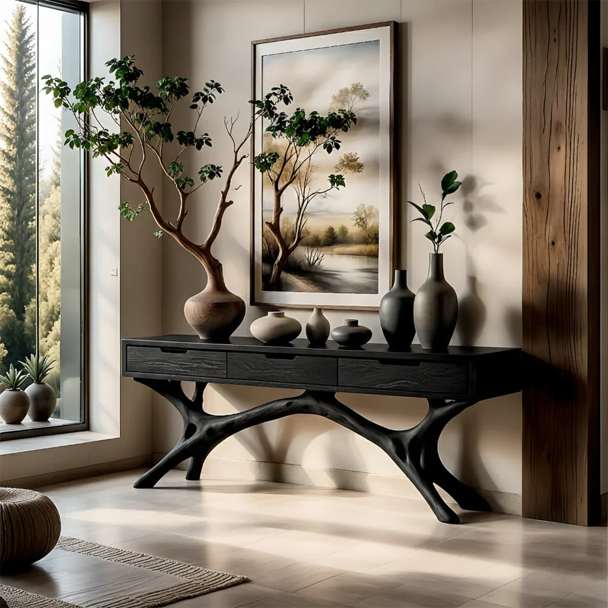This entry space highlights a console table with drawers and natural wood sculptural base