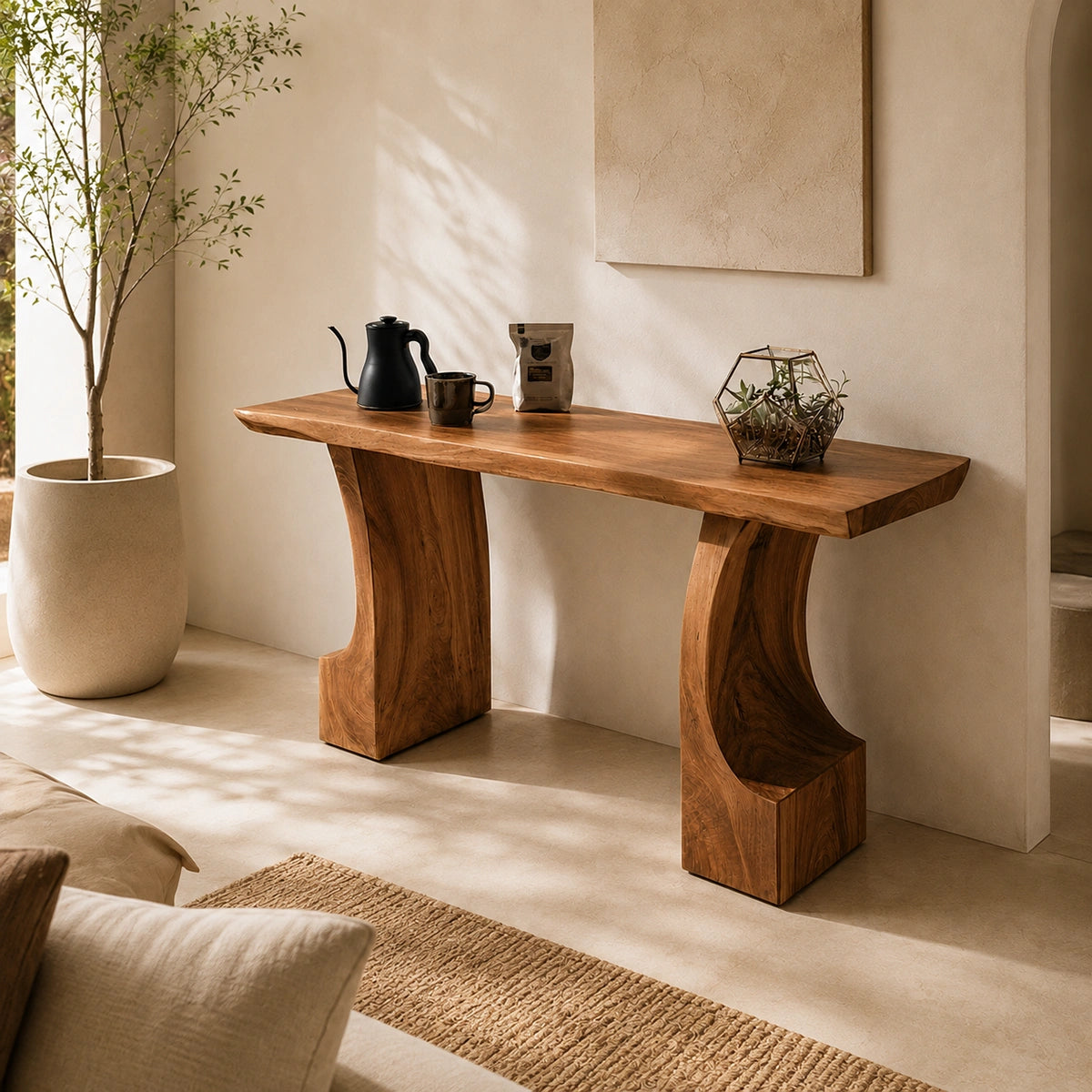 Natural Solid Wood Console Table with Curved Pedestals – Scandinavian - Arboriswood - 1