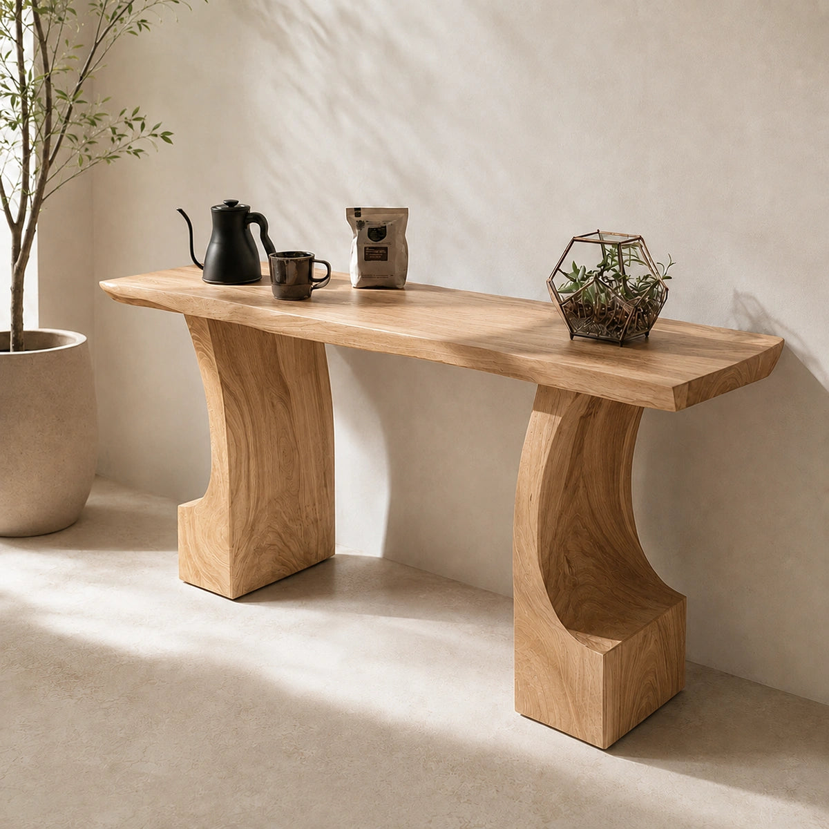 Natural Solid Wood Console Table with Curved Pedestals – Scandinavian - Arboriswood - 9
