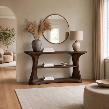 Natural Solid Wood Console Table with Open Display Shelves – Japandi - Arboriswood - 1
