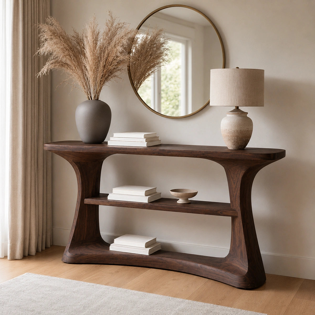 Natural Solid Wood Console Table with Open Display Shelves – Japandi - Arboriswood - 2