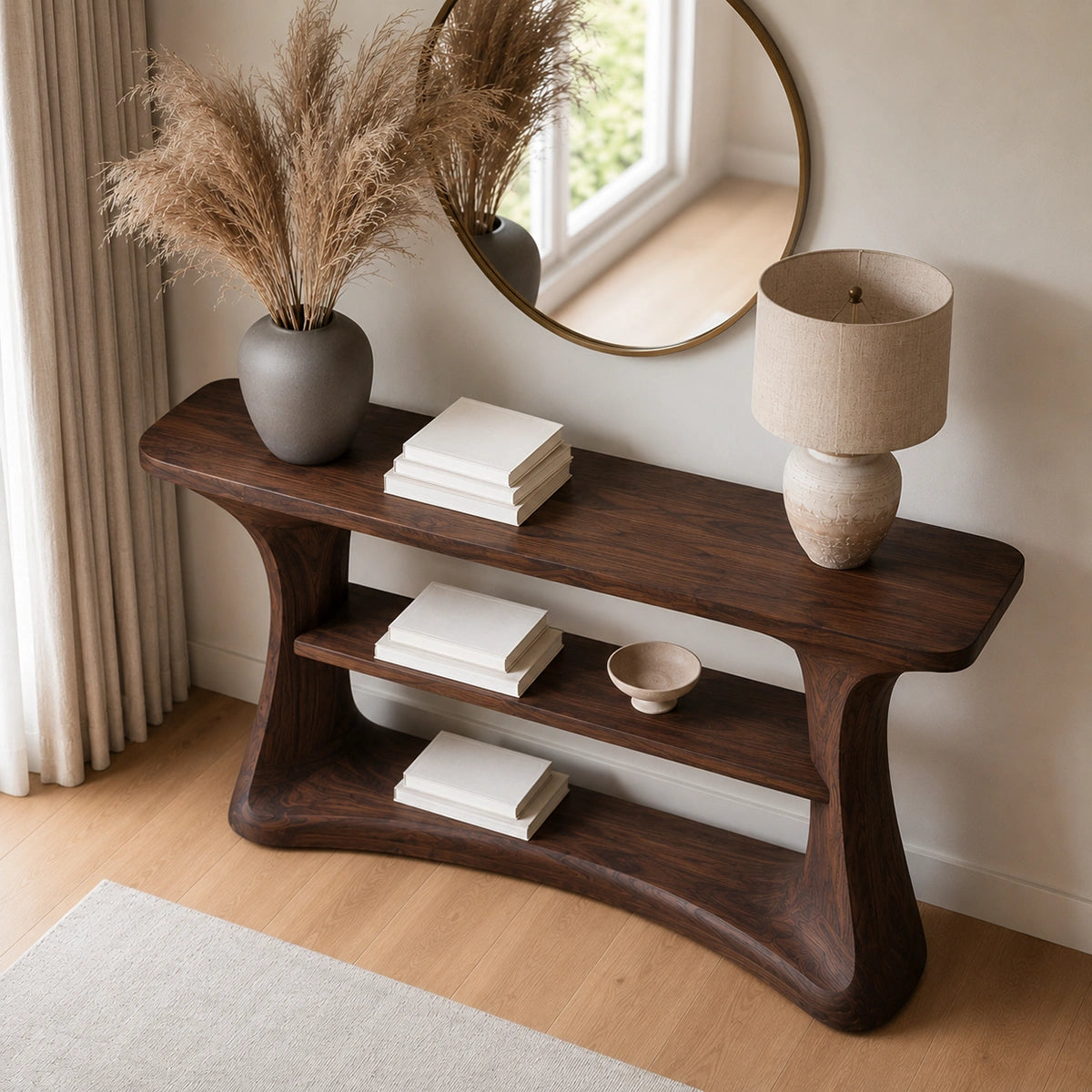 Natural Solid Wood Console Table with Open Display Shelves – Japandi - Arboriswood - 4
