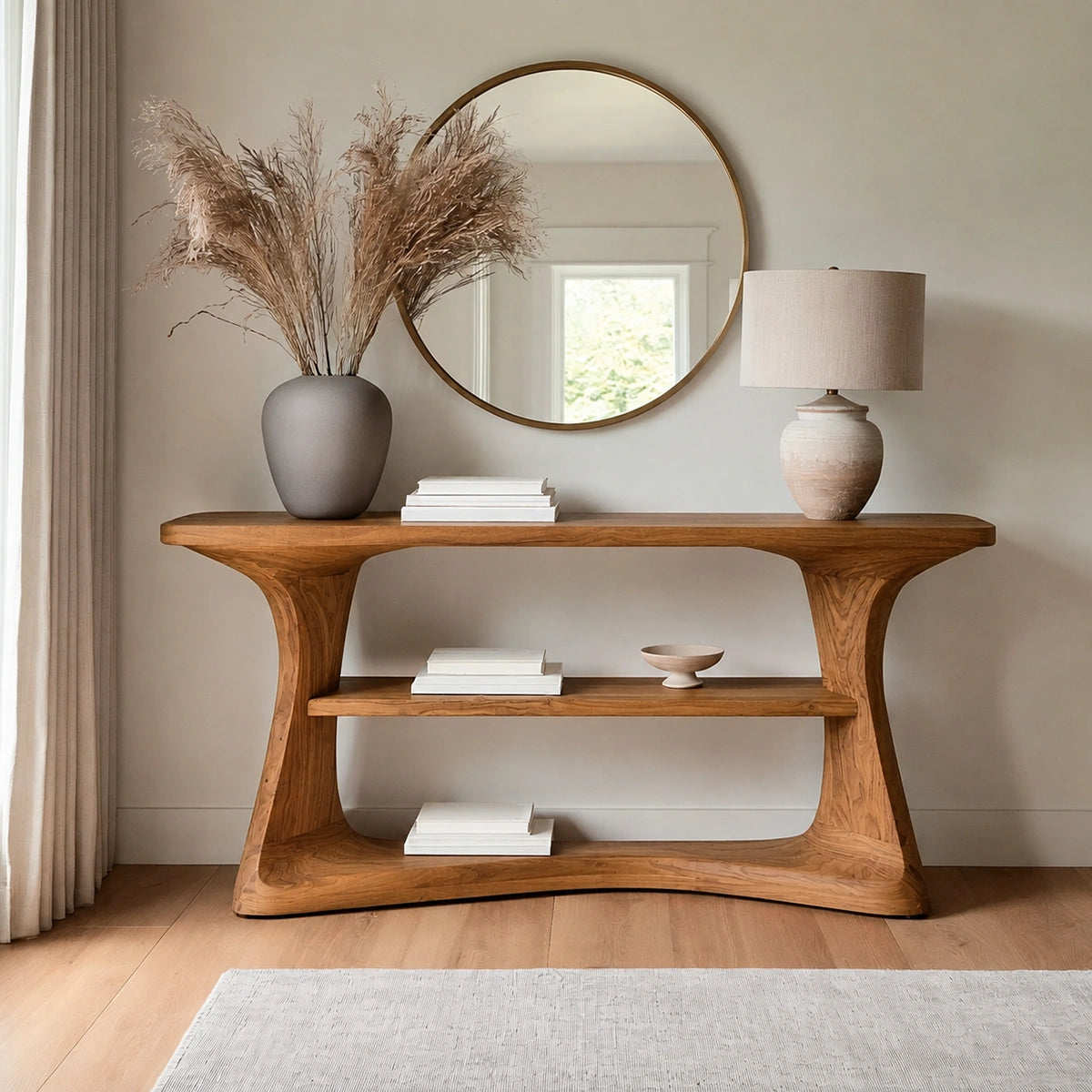 Natural Solid Wood Console Table with Open Display Shelves – Japandi - Arboriswood - 9