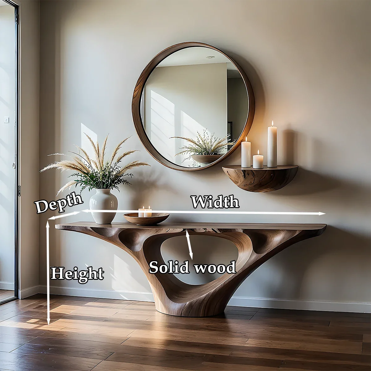 Natural Solid Wood Entryway Console Table Sculptural Hollow Arch Base - ArborisWood - 11