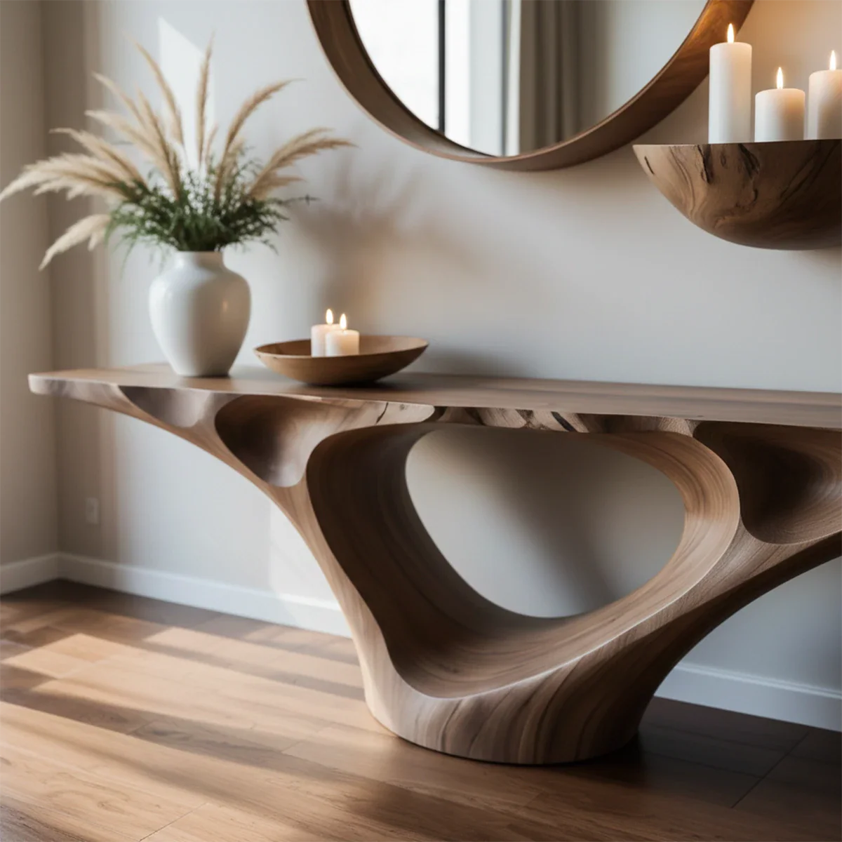 Natural Solid Wood Entryway Console Table Sculptural Hollow Arch Base - ArborisWood - 4