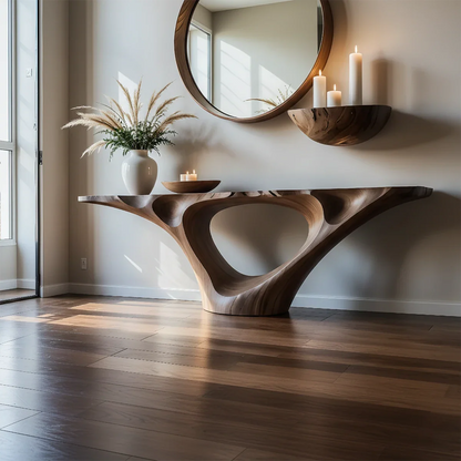 Natural Solid Wood Entryway Console Table Sculptural Hollow Arch Base - ArborisWood - 6