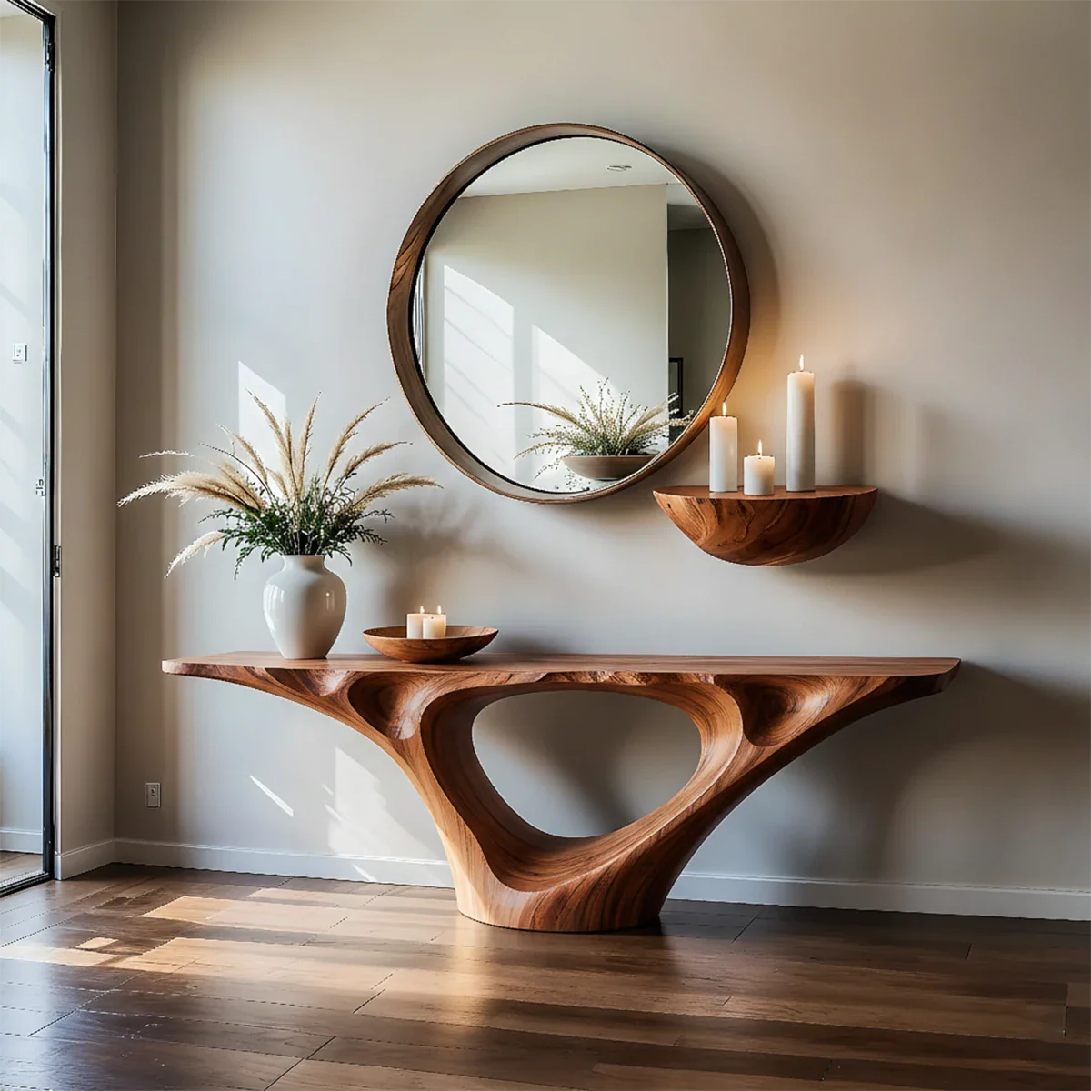 Natural Solid Wood Entryway Console Table Sculptural Hollow Arch Base - ArborisWood - 8