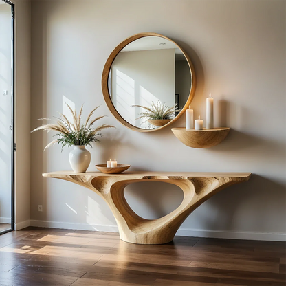 Natural Solid Wood Entryway Console Table Sculptural Hollow Arch Base - ArborisWood - 9