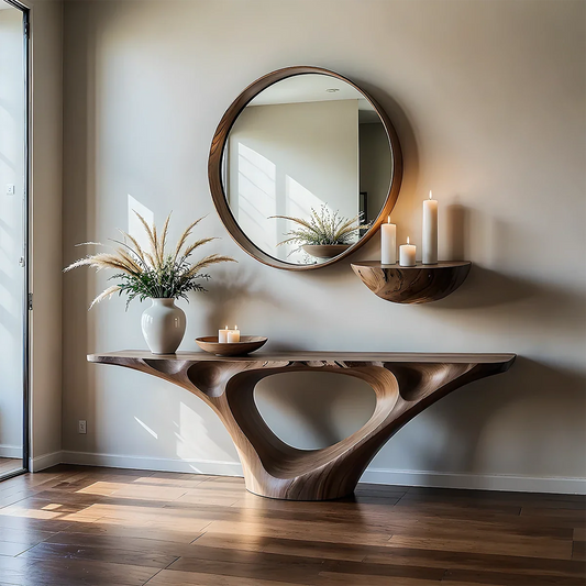 Natural Solid Wood Entryway Console Table Sculptural Hollow Arch Base - ArborisWood
