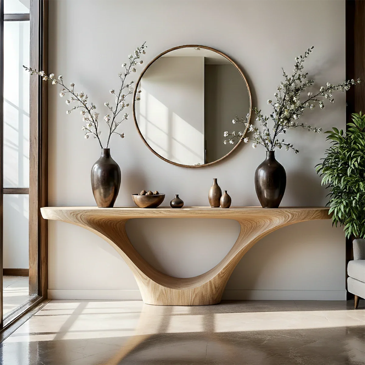 Natural Solid Wood Entryway Console Table Sculptural Inverted Arch Base - ArborisWood - 8