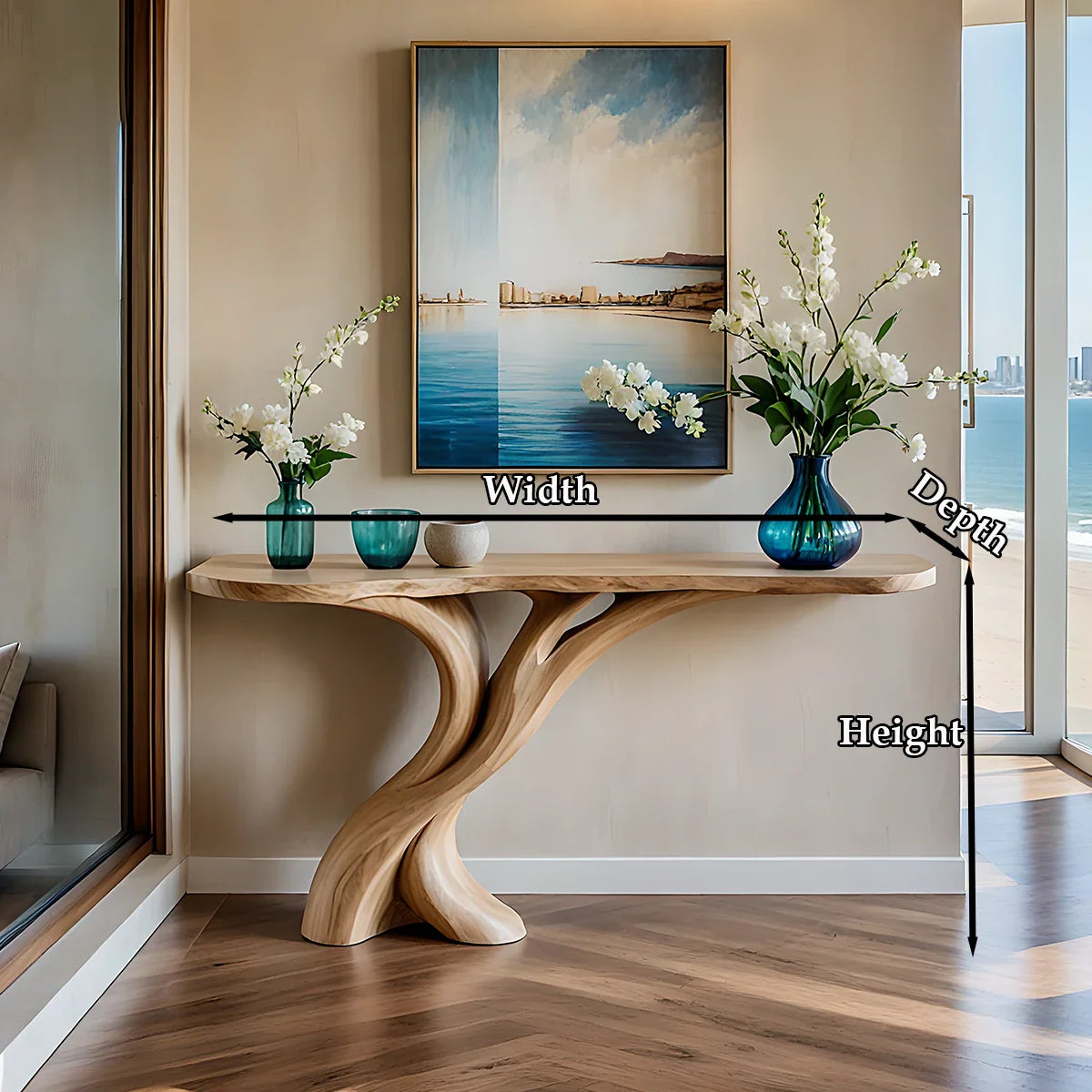 Natural Solid Wood Entryway Console Table Sculptural Split Base - ArborisWood - 11