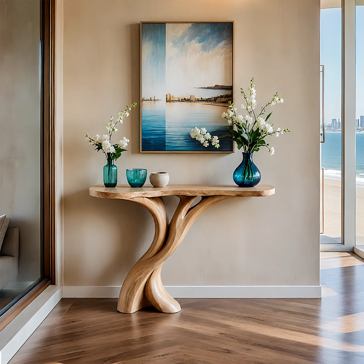 Natural Solid Wood Entryway Console Table Sculptural Split Base - ArborisWood - 12
