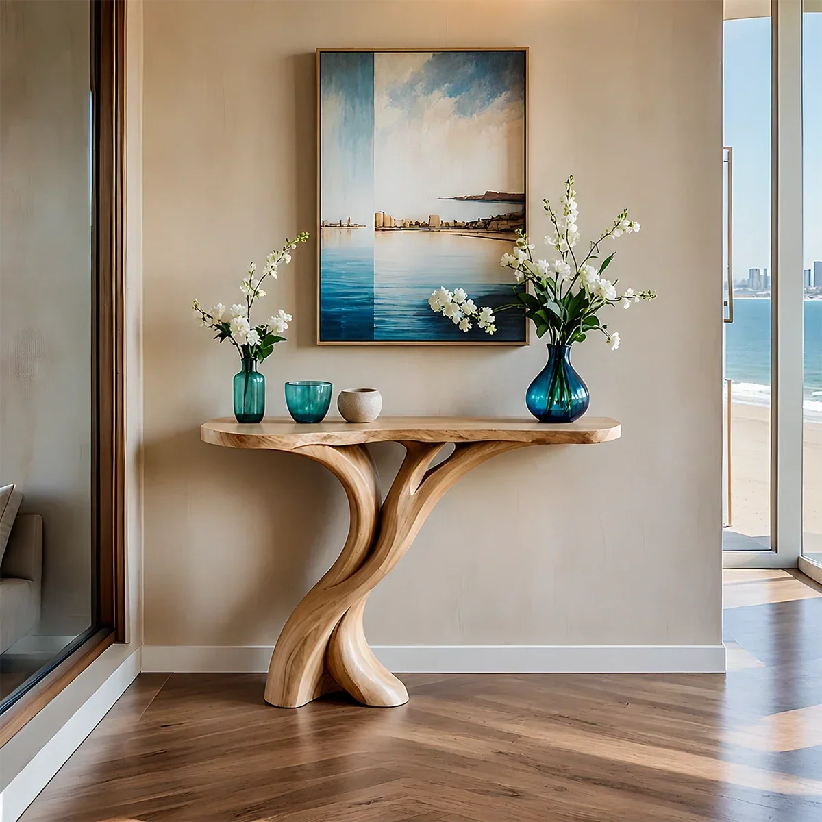 Natural Solid Wood Entryway Console Table Sculptural Split Base - Arboriswood - 12