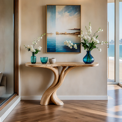 Natural Solid Wood Entryway Console Table Sculptural Split Base - ArborisWood - 13