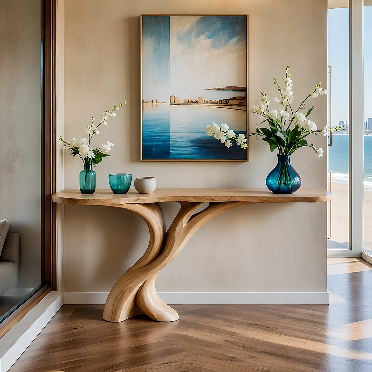 Natural Solid Wood Entryway Console Table Sculptural Split Base - ArborisWood - 14