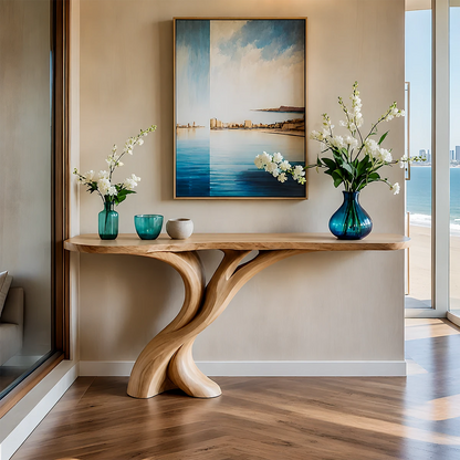 Natural Solid Wood Entryway Console Table Sculptural Split Base - ArborisWood - 14