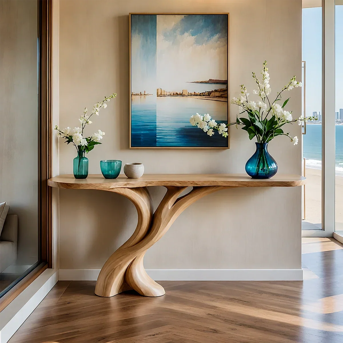 Natural Solid Wood Entryway Console Table Sculptural Split Base - Arboriswood - 14