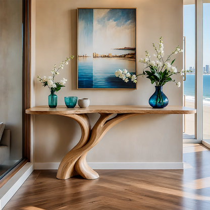Natural Solid Wood Entryway Console Table Sculptural Split Base - ArborisWood - 15