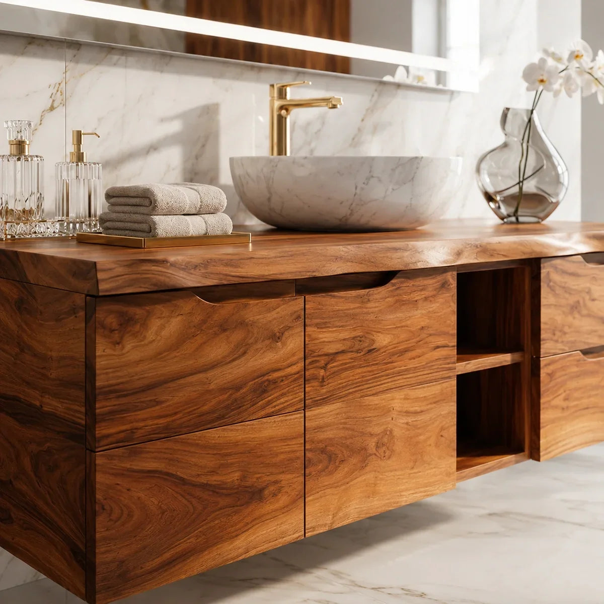 Natural Solid Wood Floating Bathroom Vanity with Drawer Storage – Rustic - Arboriswood - 1