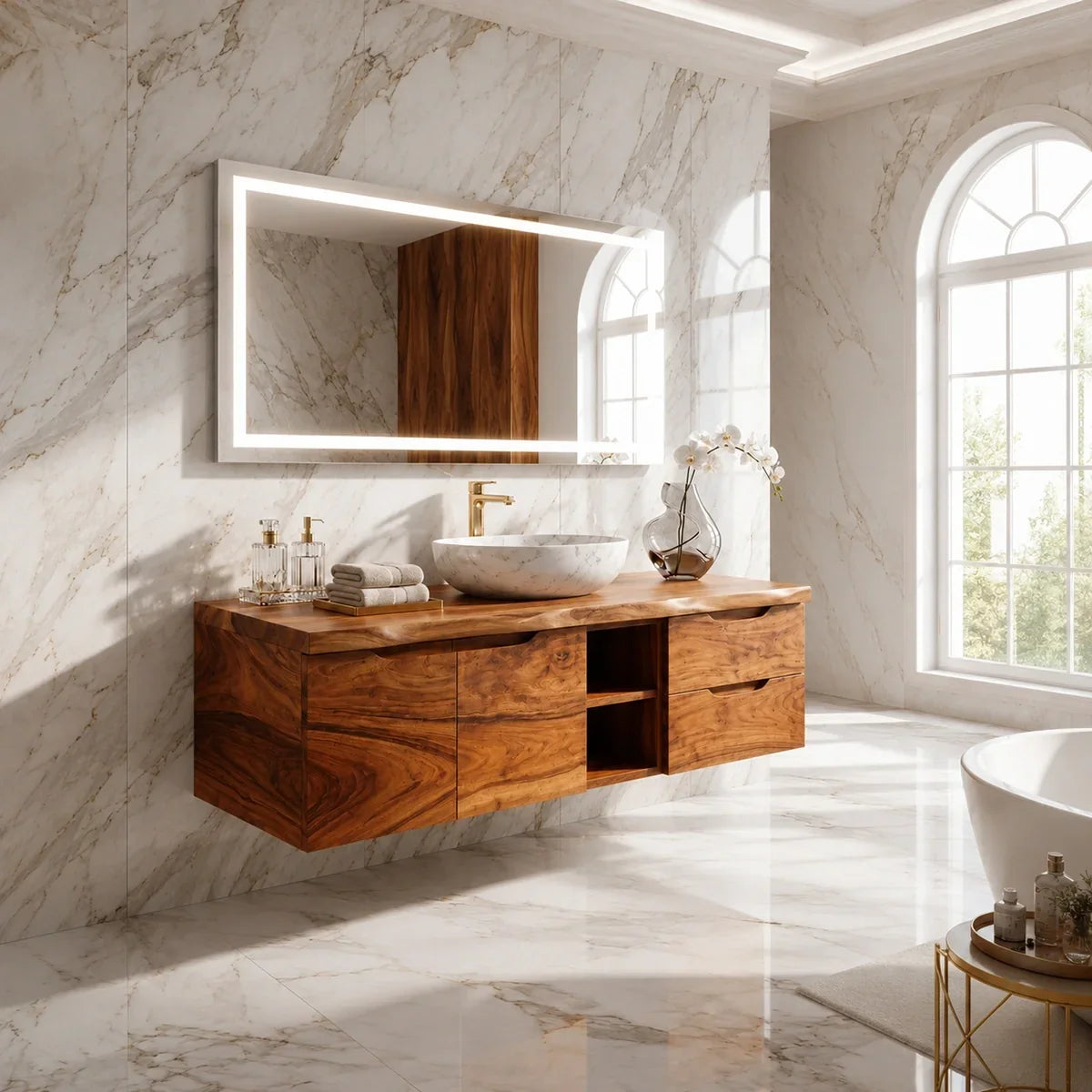 Natural Solid Wood Floating Bathroom Vanity with Drawer Storage – Rustic - Arboriswood - 3
