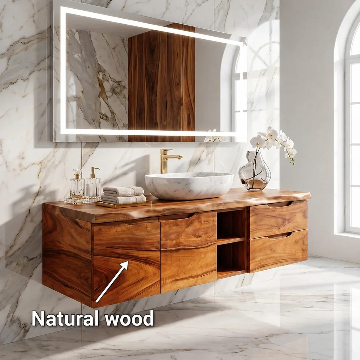 Natural Solid Wood Floating Bathroom Vanity with Drawer Storage – Rustic - Arboriswood - 6