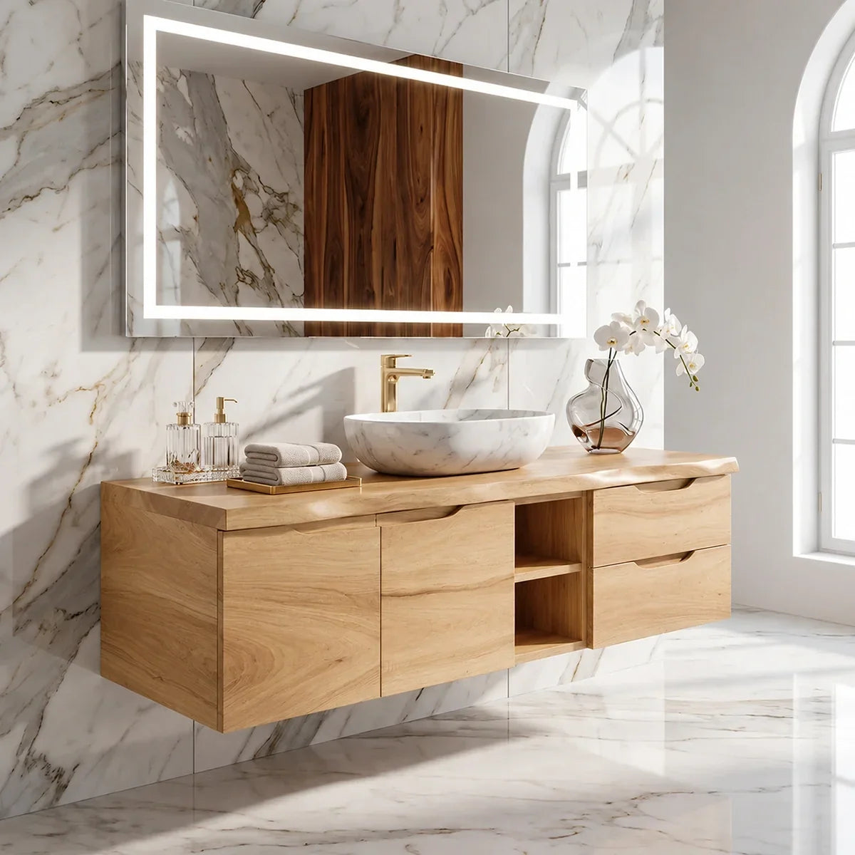 Natural Solid Wood Floating Bathroom Vanity with Drawer Storage – Rustic - Arboriswood - 9