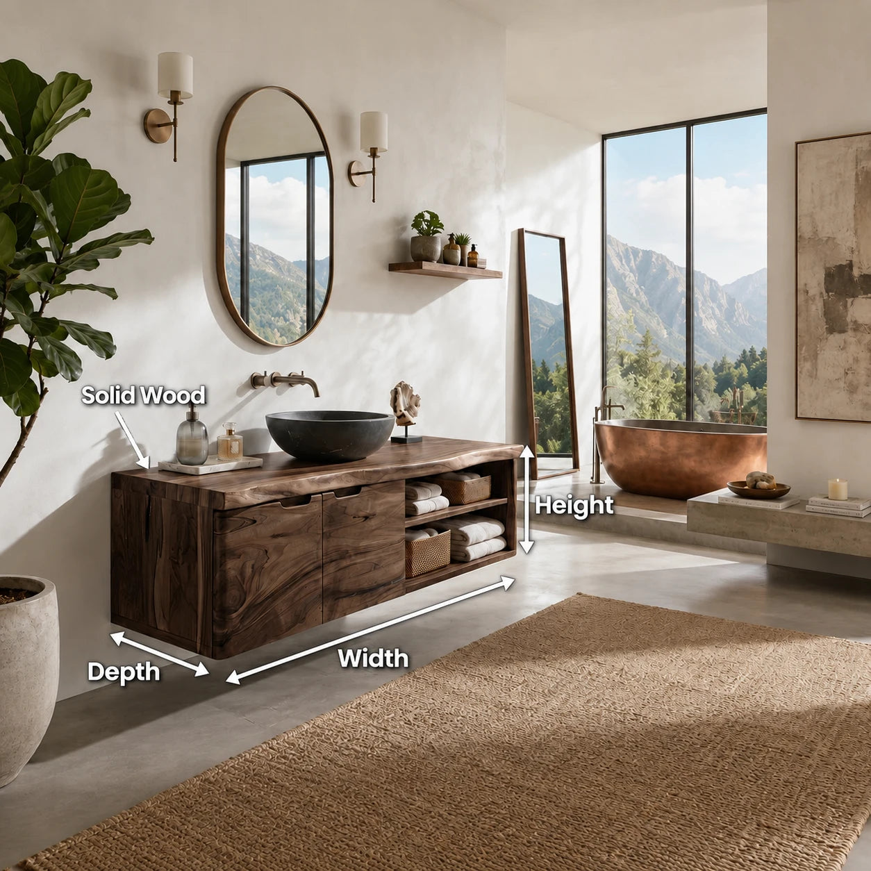 Natural Solid Wood Floating Bathroom Vanity With Two Doors and Shelves - ArborisWood - 10