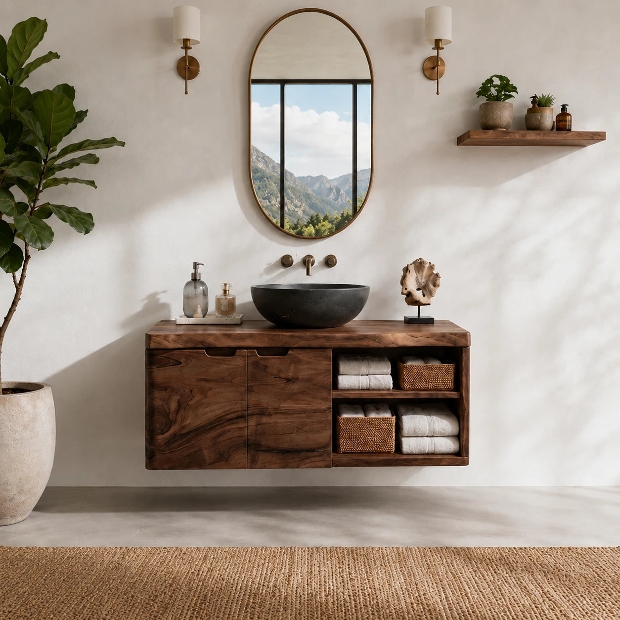 Natural Solid Wood Floating Bathroom Vanity With Two Doors and Shelves - ArborisWood - 11
