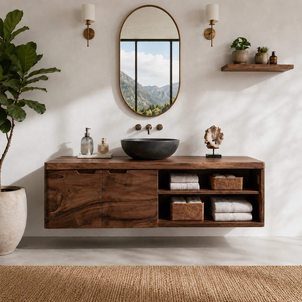 Natural Solid Wood Floating Bathroom Vanity With Two Doors and Shelves - ArborisWood - 12