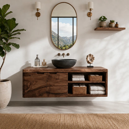 Natural Solid Wood Floating Bathroom Vanity With Two Doors and Shelves - ArborisWood - 3