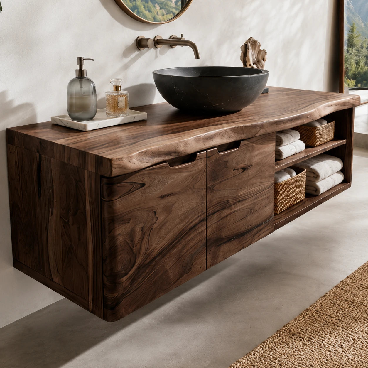 Natural Solid Wood Floating Bathroom Vanity With Two Doors and Shelves - ArborisWood - 4