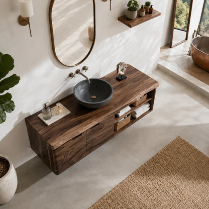 Natural Solid Wood Floating Bathroom Vanity With Two Doors and Shelves - ArborisWood - 5