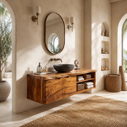 Natural Solid Wood Floating Bathroom Vanity With Two Doors and Shelves - ArborisWood - 7