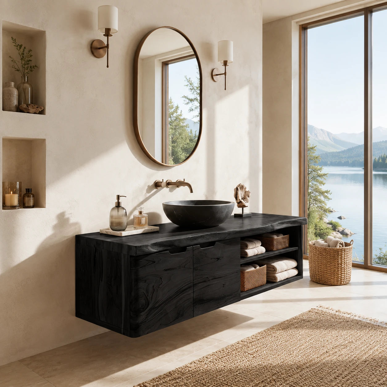 Natural Solid Wood Floating Bathroom Vanity With Two Doors and Shelves - ArborisWood - 8