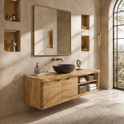 Natural Solid Wood Floating Bathroom Vanity With Two Doors and Shelves - ArborisWood - 9