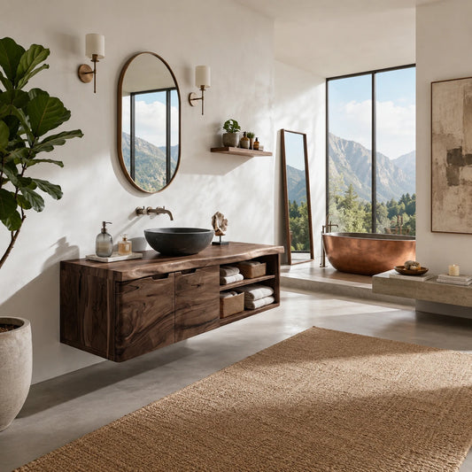 Natural Solid Wood Floating Bathroom Vanity With Two Doors and Shelves - ArborisWood