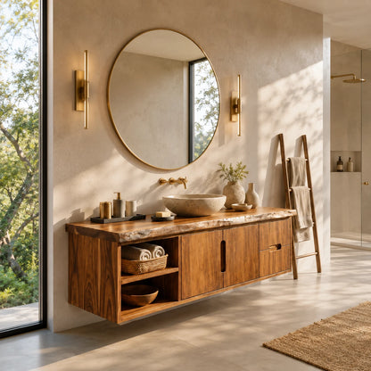 Natural Solid Wood Floating Vanity With Two Drawers and Open Side Storage - ArborisWood - 10