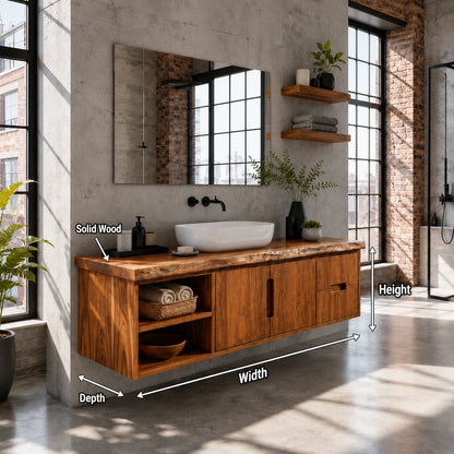 Natural Solid Wood Floating Vanity With Two Drawers and Open Side Storage - ArborisWood - 11