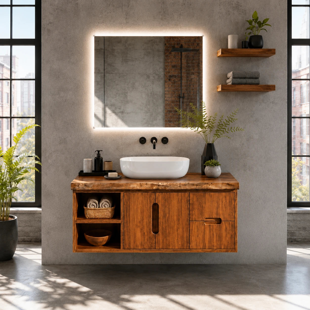 Natural Solid Wood Floating Vanity With Two Drawers and Open Side Storage - ArborisWood - 12