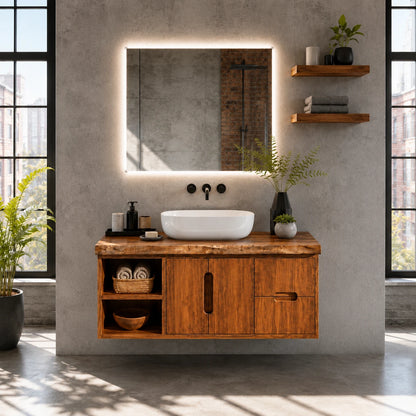 Natural Solid Wood Floating Vanity With Two Drawers and Open Side Storage - ArborisWood - 12