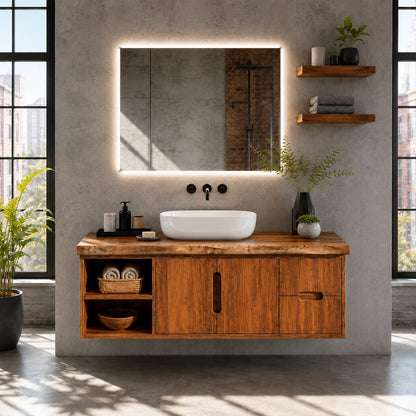 Natural Solid Wood Floating Vanity With Two Drawers and Open Side Storage - ArborisWood - 13