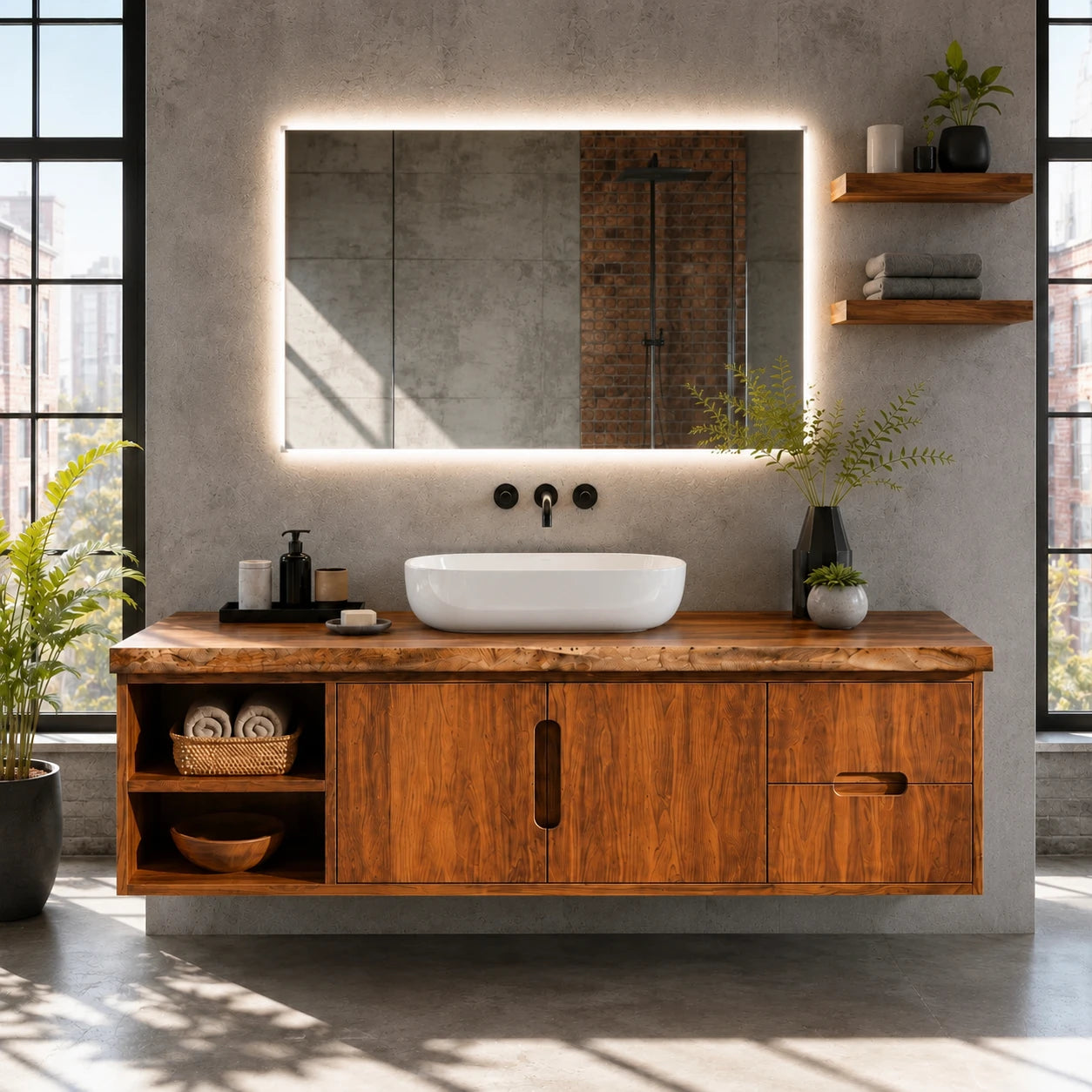 Natural Solid Wood Floating Vanity With Two Drawers and Open Side Storage - ArborisWood - 14
