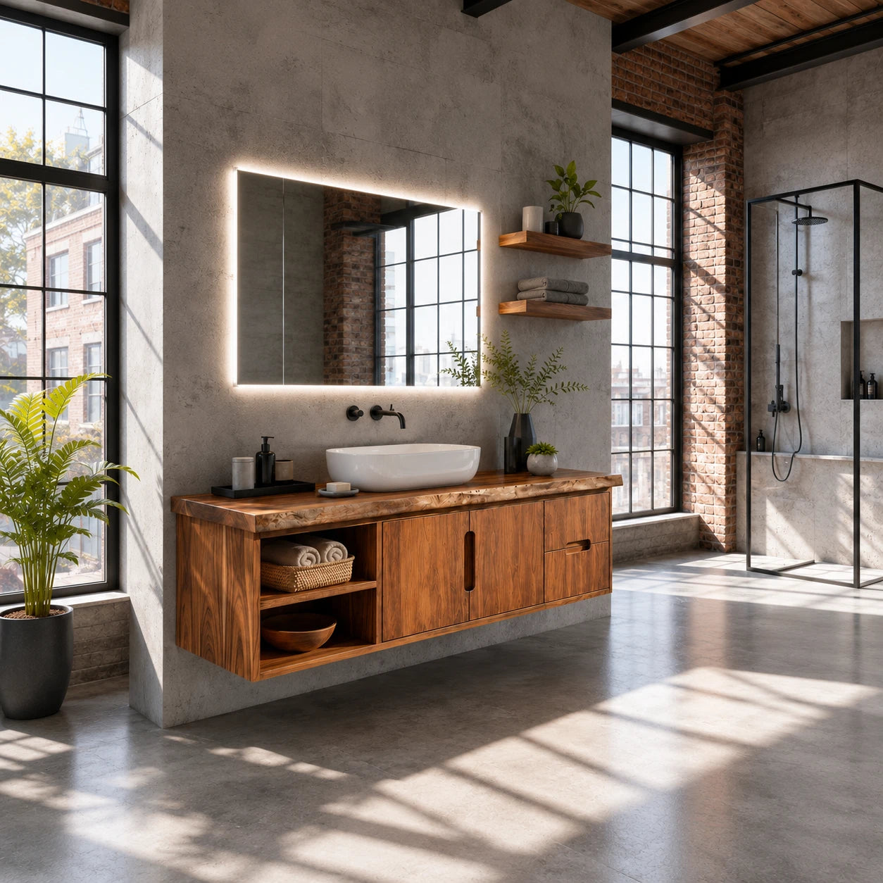 Natural Solid Wood Floating Vanity With Two Drawers and Open Side Storage - ArborisWood - 2