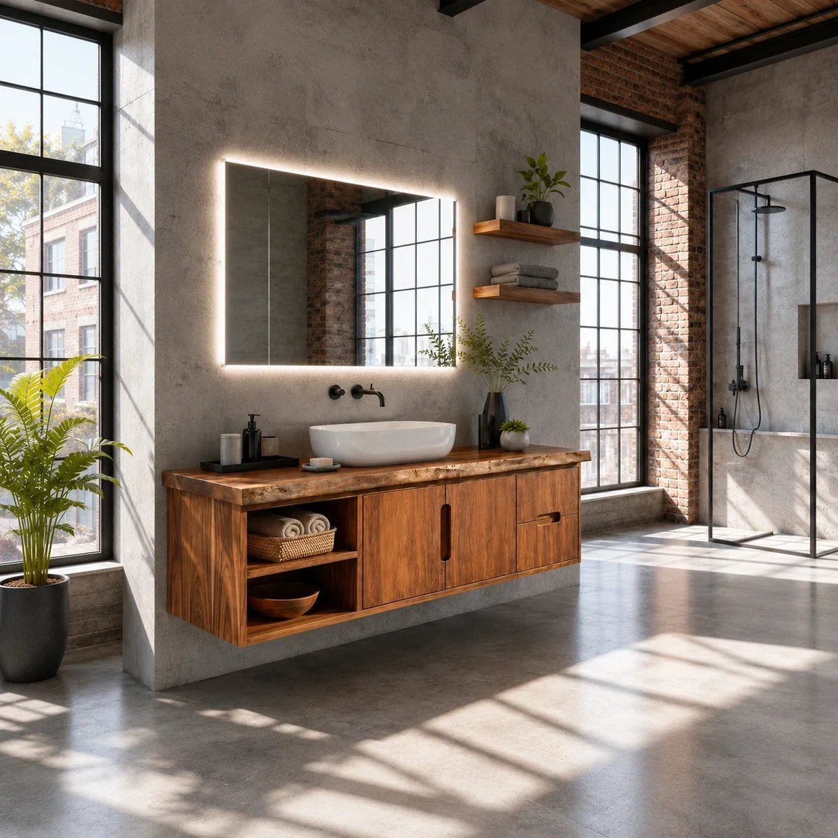 Natural Solid Wood Floating Vanity With Two Drawers and Open Side Storage - Arboriswood - 2