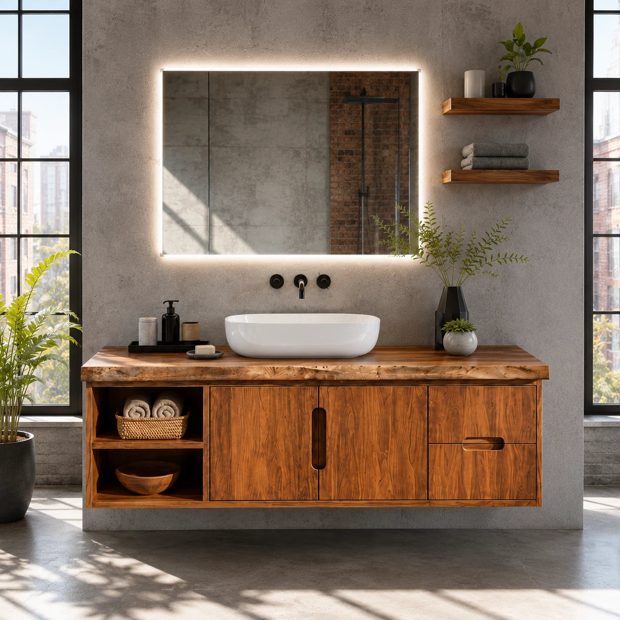 Natural Solid Wood Floating Vanity With Two Drawers and Open Side Storage - ArborisWood - 3