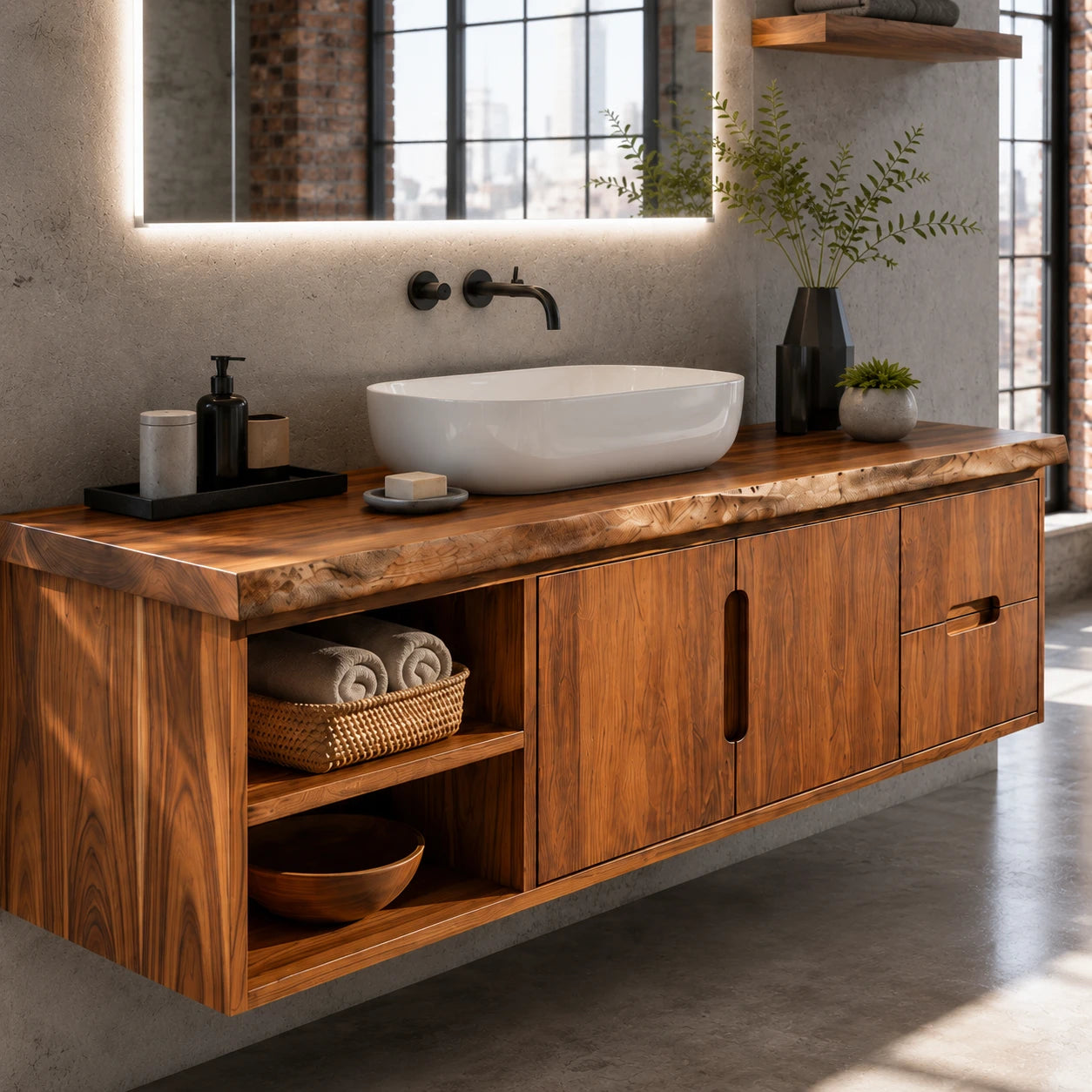 Natural Solid Wood Floating Vanity With Two Drawers and Open Side Storage - ArborisWood - 4