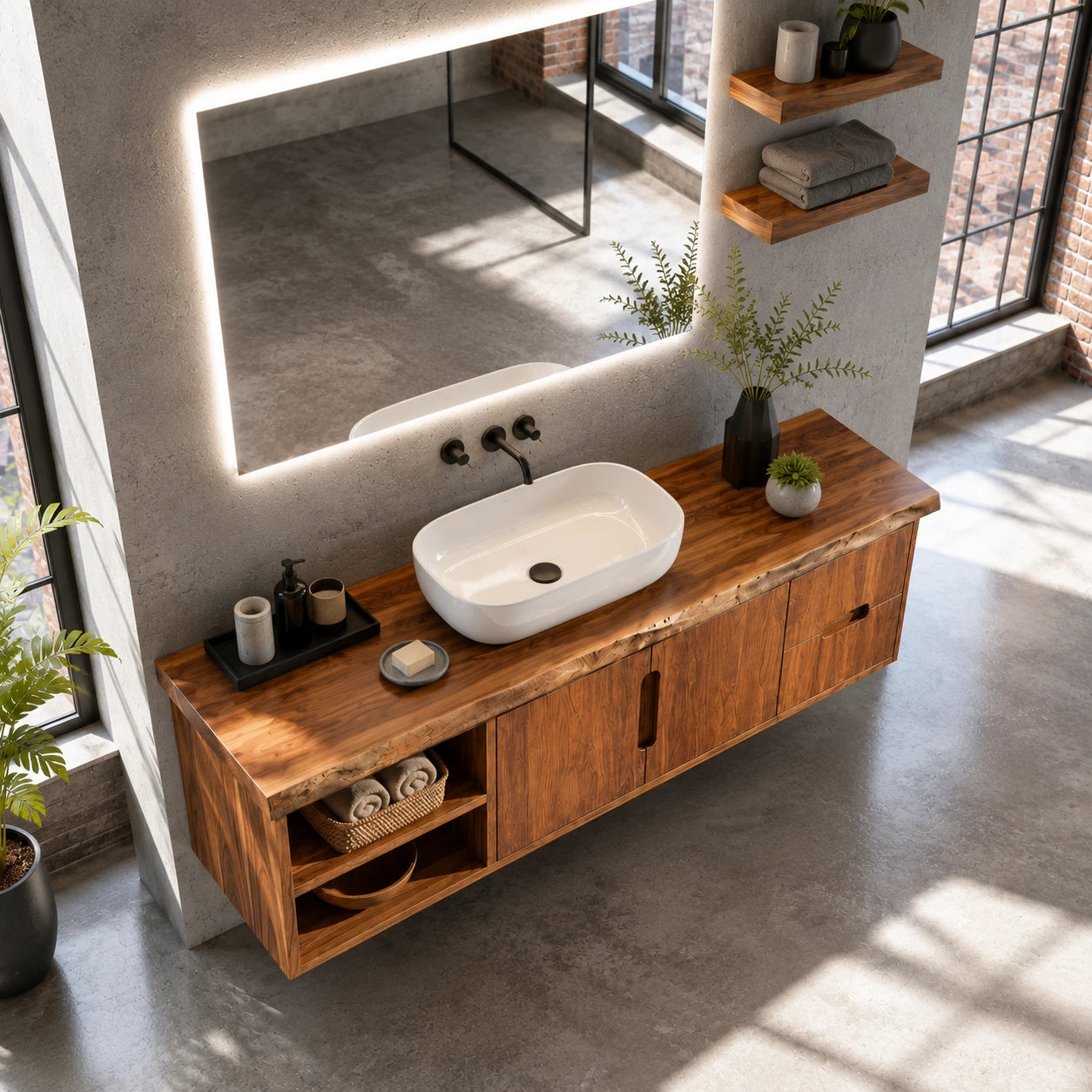 Natural Solid Wood Floating Vanity With Two Drawers and Open Side Storage - ArborisWood - 5
