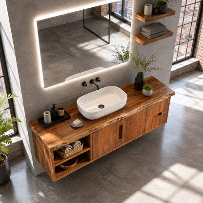 Natural Solid Wood Floating Vanity With Two Drawers and Open Side Storage - ArborisWood - 5